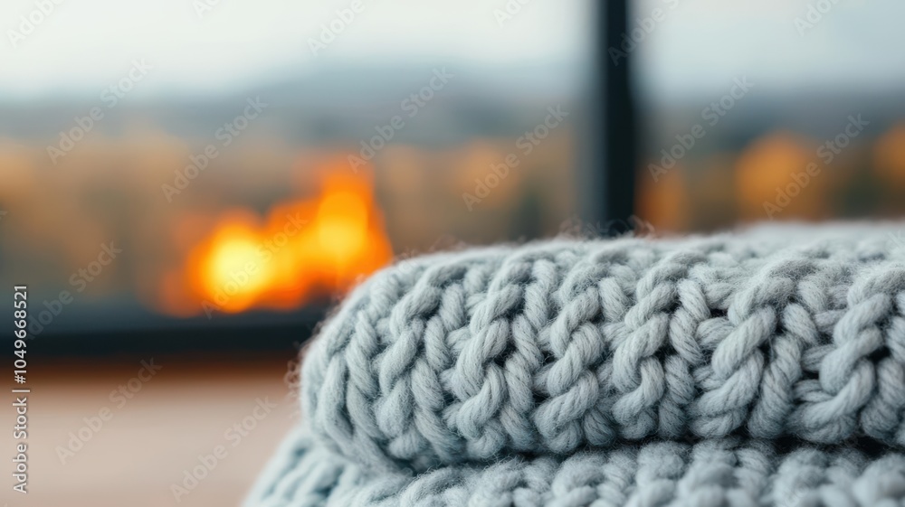 Fototapeta premium Soft wool blanket in cozy winter cabin with firelight, cozy winter blanket comfort, warmth and relaxation