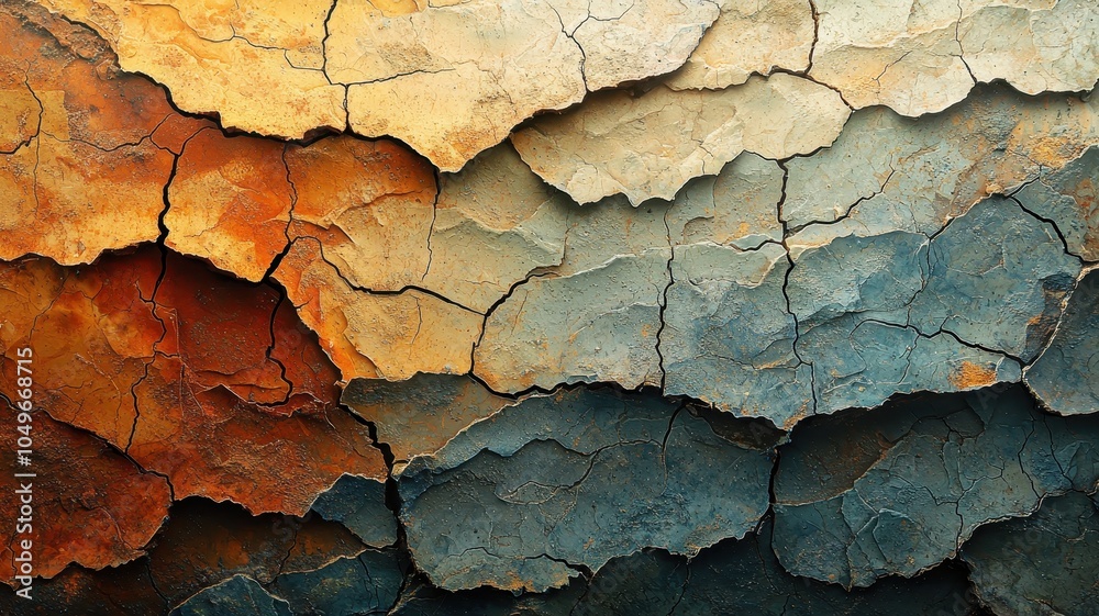 A textured surface of cracked earth displaying an array of earthy tones from orange to blue, capturing the beauty of deterioration, perfect for backgrounds or abstract designs. A textured surface of cracked earth displaying an array of earthy tones from orange to blue, capturing the beauty of deterioration, perfect for backgrounds or abstract designs.