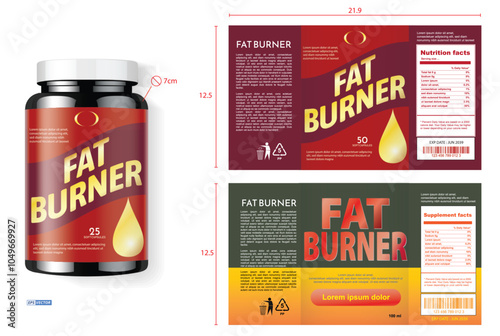 Illustration of Medicine Bottle Label Mockup. equipped with a phi measurement guide to find the diameter and circumference of the bottle circle. 