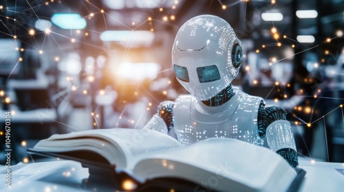 A futuristic robot reading an open book amidst a digitally enhanced environment.
