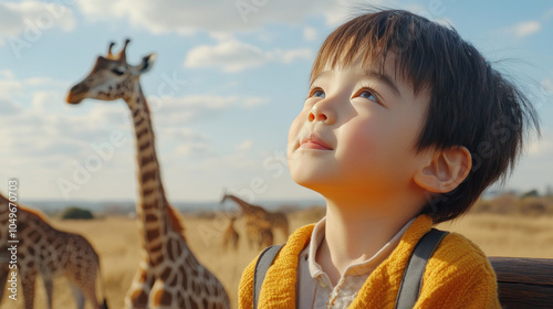 Japanese little boy with giraffe on wildlife savannah safari park africa