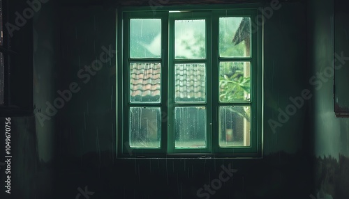 Light green glass window, dark room, old house, rain cloud visible, cinematic style.