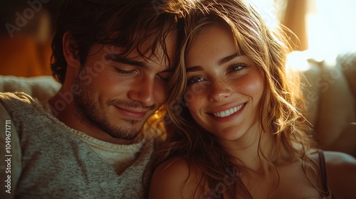 A young couple with European descent embraces with joy, illuminated by warm sunlight while relaxing together indoors. Their expressions convey love and happiness. photo