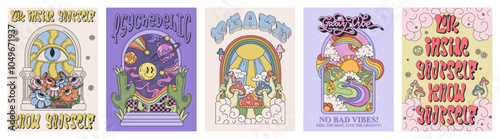 Trippy groovy world, Posters with arches into the world of psychedelic raves and the nature of the groovy world. Landscapes, retro vibe, trippy posters. Vector graphic set