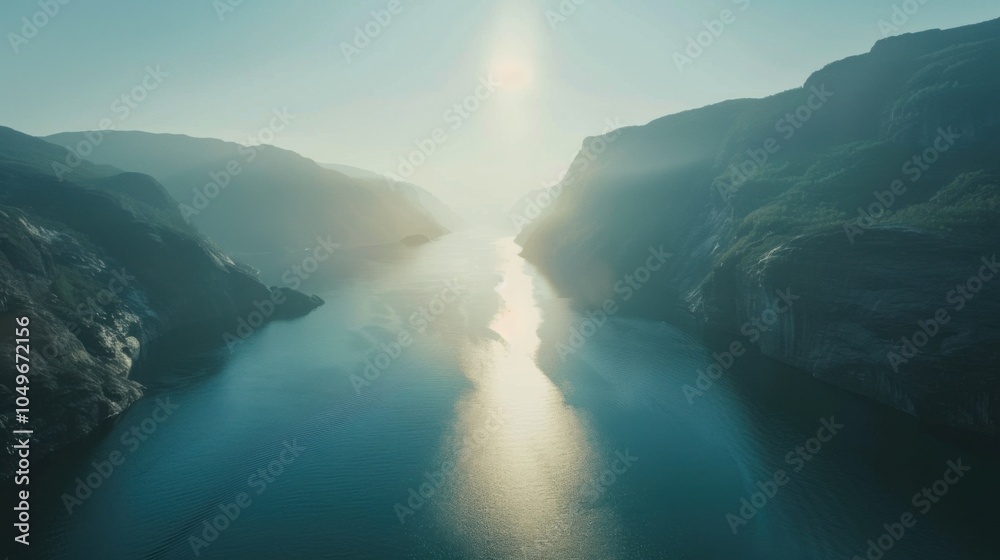 A breathtaking view of the fjords in Norway during the midnight sun, Fjord scene, Ethereal style