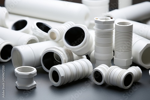 A variety of white plumbing fittings and connectors arranged on a dark surface in a workshop