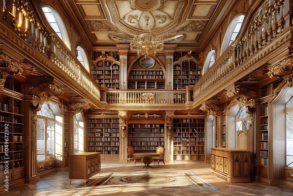 Obraz premium Luxury library interior with columns, bookshelves and windows