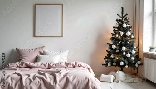 Bedroom decorated in Christmas decor, blank white frame on the wall, Christmas tree in the room, pink coverbed, decorated with Christmas decor photo