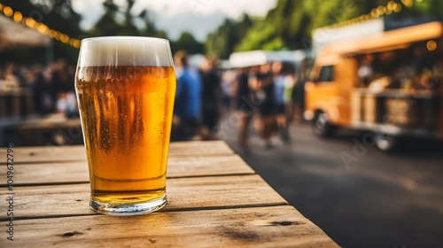 Pint of craft beer on a wooden table with a bustling beer festival in the background, live music and food trucks creating a vibrant scene, Craft Beer Sampling, Festival Atmosphere