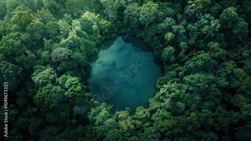 Aerial View of a Lush Green Forest Surrounding a Calm Blue Lake