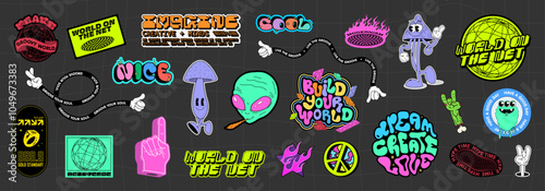 Stylish stickers on the theme of retro raves, trippy and y2k. Psychedelic and retro wave, groovy characters, lettering and futuristic font and elements, y2k stickers, with cool slogans. Vector set
