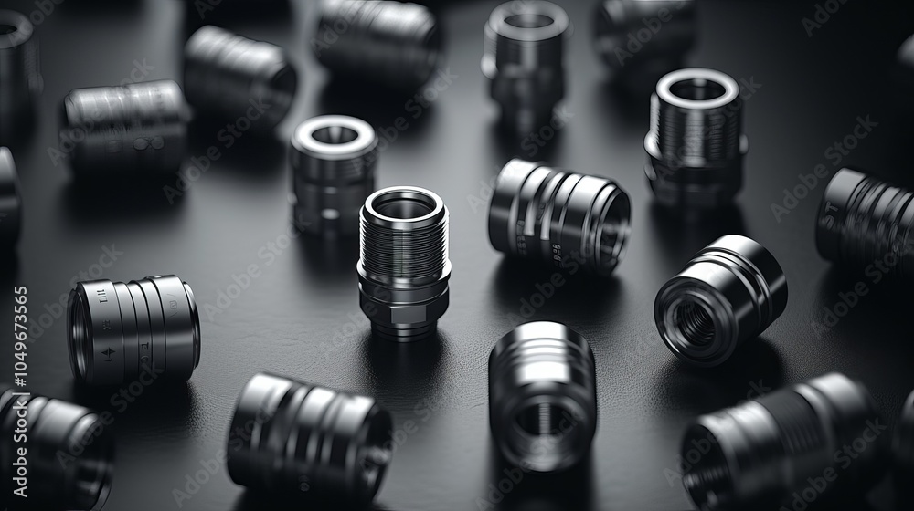 Close-up view of metallic fittings scattered on a dark surface in a workshop Close-up view of metallic fittings scattered on a dark surface in a workshop