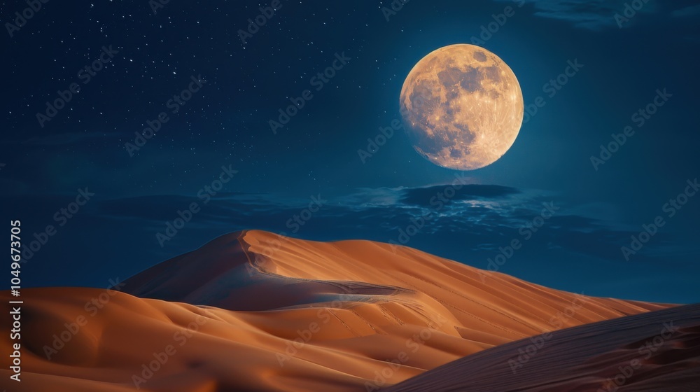 A breathtaking view of the Sahara Desert's Erg Chebbi dunes under a full moon, Desert scene, Ethereal style A breathtaking view of the Sahara Desert's Erg Chebbi dunes under a full moon, Desert scene, Ethereal style