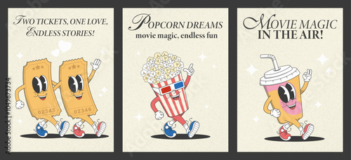 A nostalgic set of retro-inspired illustrations featuring fun cartoon characters like movie tickets, popcorn, and drinks, perfect for cinema-themed projects and entertainment designs. Vector posters