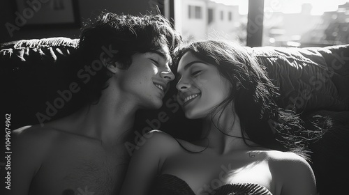 A young couple of mixed ethnicity smiles lovingly at each other, sitting close together in a cozy indoor setting, captured in a black and white photo. photo