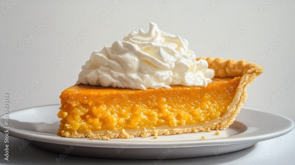 Delicious Pumpkin Pie Slice with Whipped Cream on a White Plate Delicious Pumpkin Pie Slice with Whipped Cream on a White Plate
