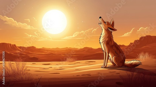 Coyote Howling at Sunset in Desert Landscape Illustration photo