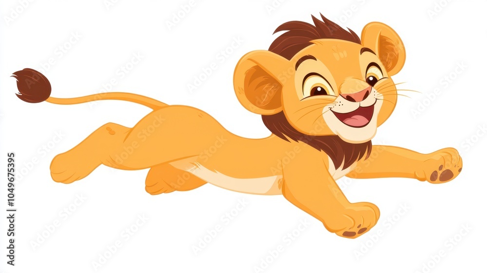 Obraz premium Cute Cartoon Lion Cub Running Playful Happy White Background