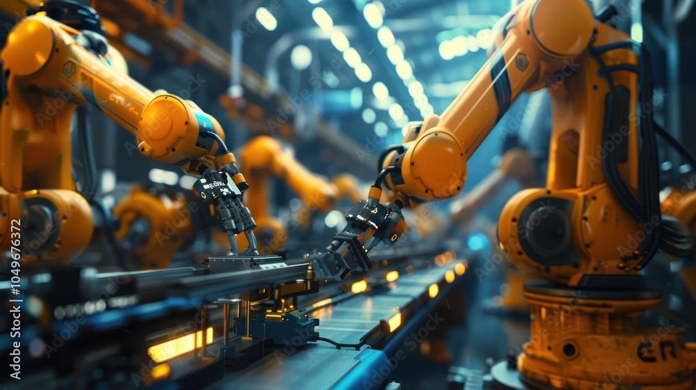Close-up of Yellow Industrial Robot Arms on a Conveyor Belt Close-up of Yellow Industrial Robot Arms on a Conveyor Belt