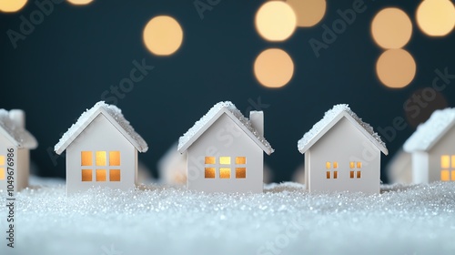 Christmas village scene, miniature houses glowing with light, snowcovered roofs, warm tones, soft focus, closeup view