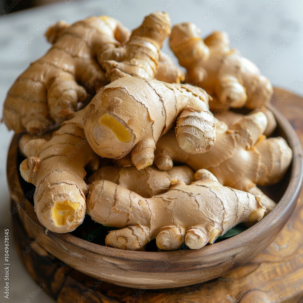 A bowl filled with fresh ginger roots placed on a wooden surface. A bowl filled with fresh ginger roots placed on a wooden surface.