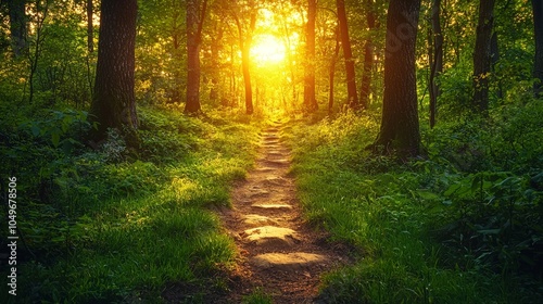 A serene forest path illuminated by sunset, inviting exploration and tranquility.