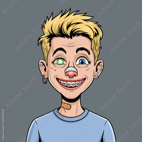 Quirky character with braces, bandages, and unique style.