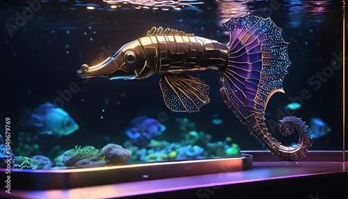 A seahorse robot in a small aquarium, lit from below, revealing its sparkling metal scales. photo