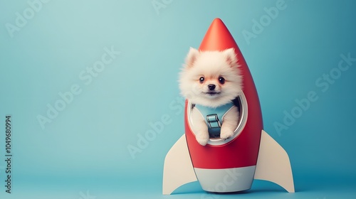 This Tiny Space Explorer Is Ready for Liftoff! Dressed in an adorable astronaut suit, this fluffy adventurer sits confidently in a toy rocket against a bright blue backdrop.  photo