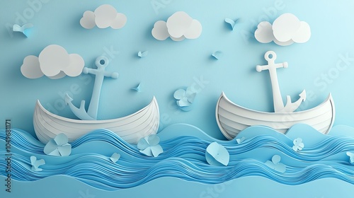 Nautical baby shower decorations, anchors and waves, 3D illustration photo