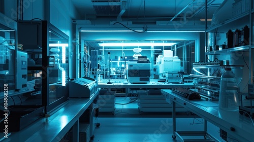 A Blue-Lit Laboratory with Medical Equipment and Workstations