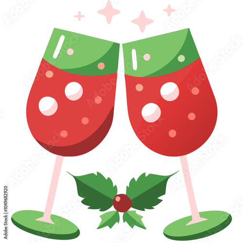 Flat icon of clinking champagne glasses with festive decorations on white background