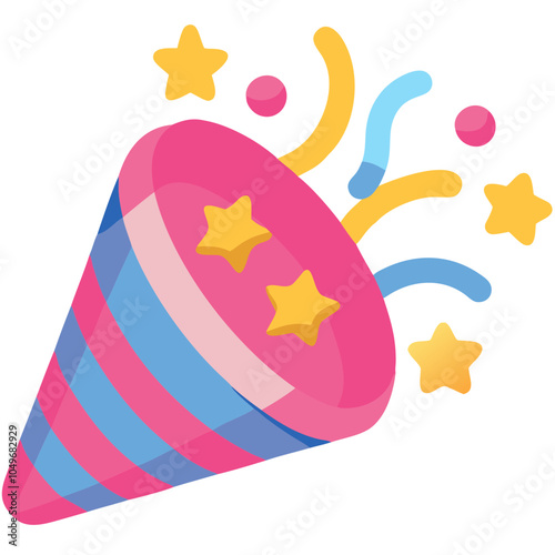 Flat icon of a colorful confetti popper with stars on white background