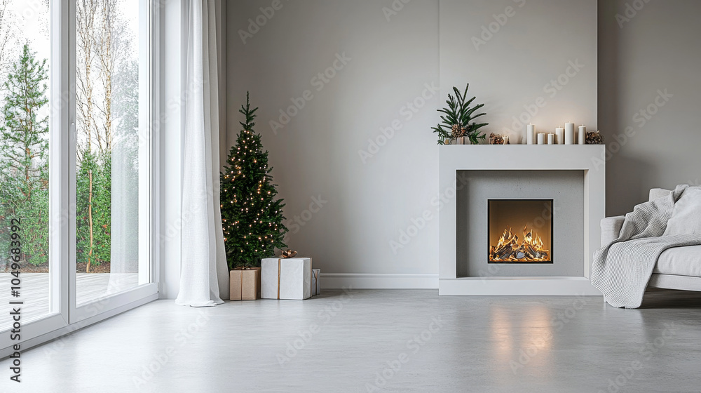 Cozy living room with a modern fireplace and decorated Christmas tree during the holiday season