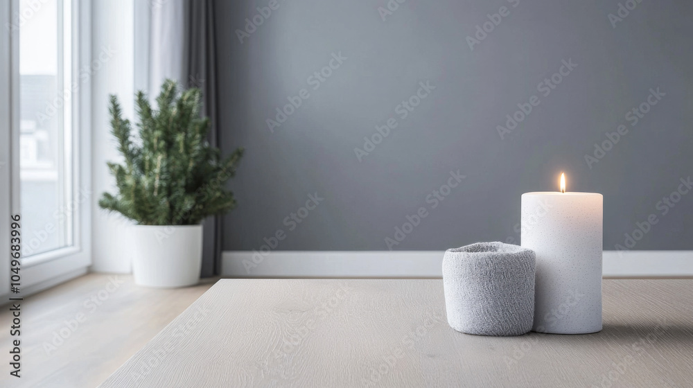 Fototapeta premium A serene interior with candles and a lush plant in a cozy living room setting
