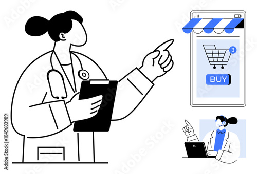 Medical professional with a clipboard pointing to a mobile phone displaying a shopping cart. Also includes smaller image of same character working on a laptop. Ideal for e-commerce, telemedicine