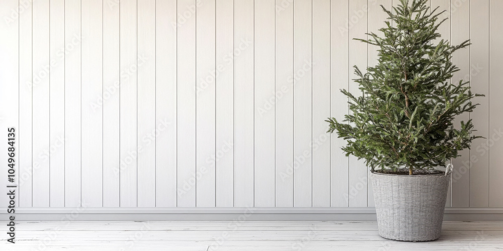 Simple decorated Christmas tree in a stylish room with white wooden walls and light floor Simple decorated Christmas tree in a stylish room with white wooden walls and light floor