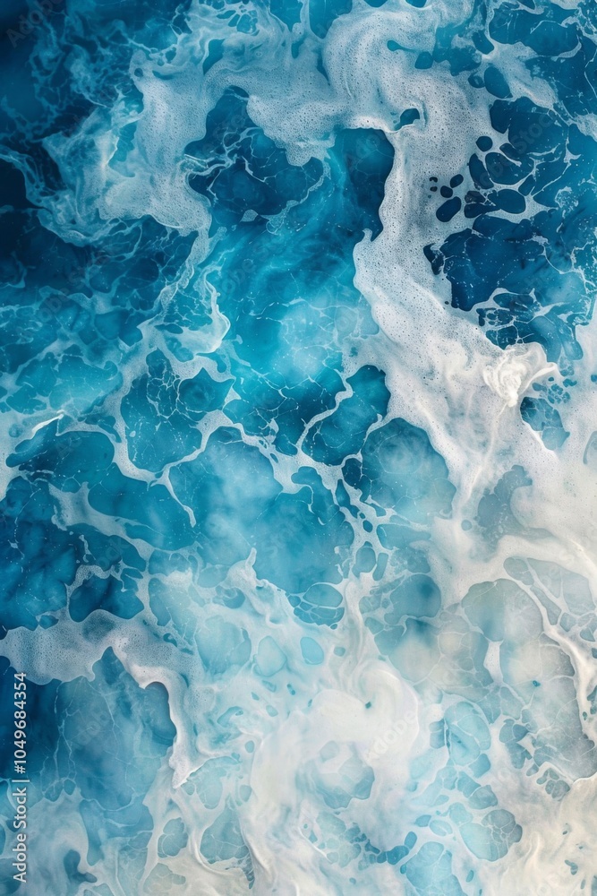 Obraz premium Abstract Deep Blue Ocean Waves with White Foam and Swirls, Capturing the Essence of Coastal Serenity and Natural Beauty in Motion