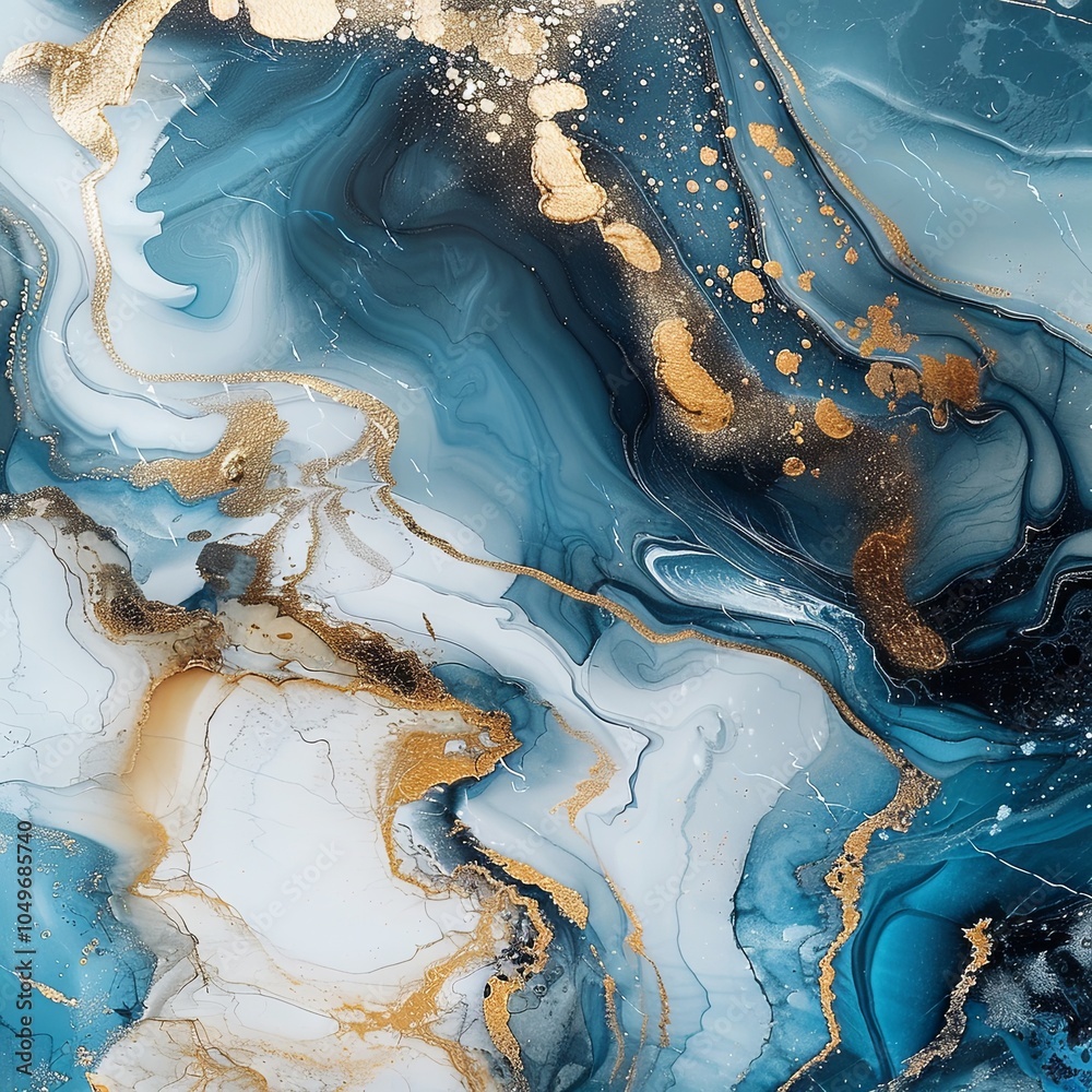 Fototapeta premium Abstract Ocean-Inspired Artwork Featuring Elegant Blue and Gold Fluid Swirls, Perfect for Modern Decor and Artistic Backgrounds.
