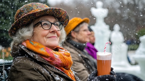Adults aged 30+ in stylish winter hats sipping peppermint mochas at ice sculpture garden,