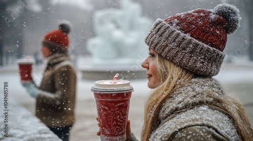 Adults aged 30+ in stylish winter hats sipping peppermint mochas at ice sculpture