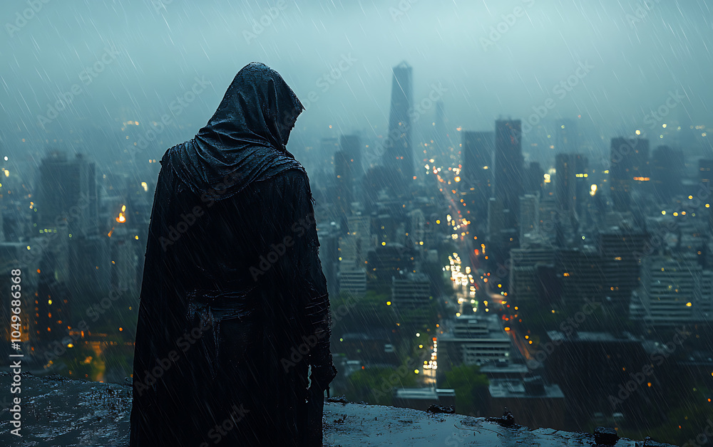 Grim Reaper Overlooking Stormy Cityscape Grim Reaper Overlooking Stormy Cityscape