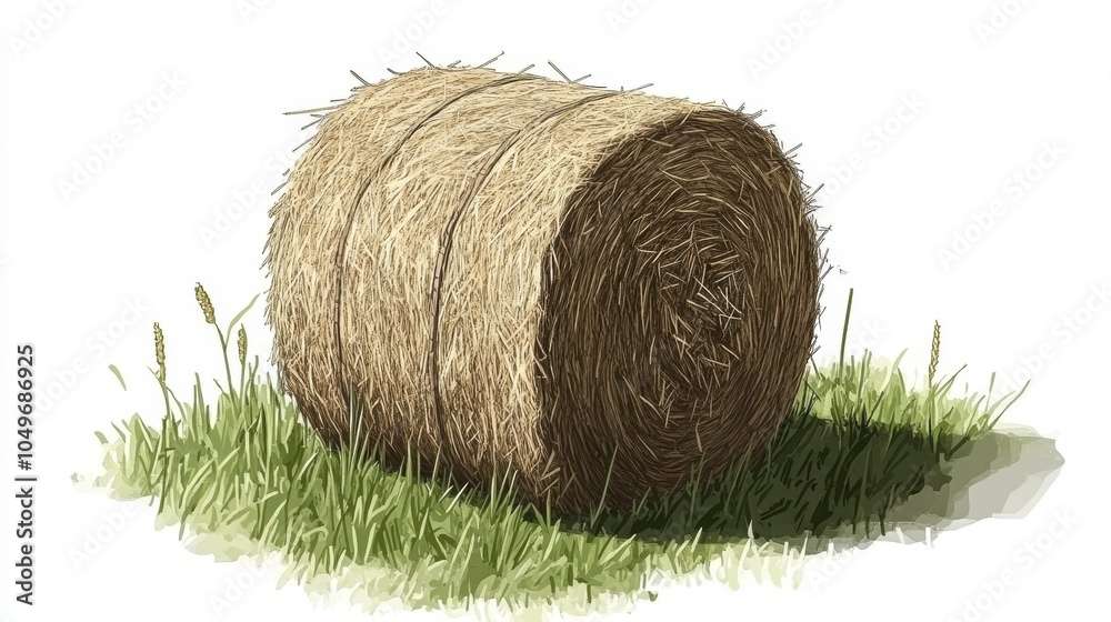 Hay Bale in Green Grass Field Rural Farm Landscape Nature Illustration Hay Bale in Green Grass Field Rural Farm Landscape Nature Illustration