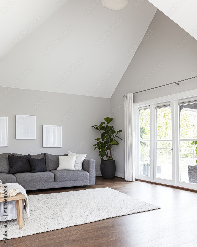 Fototapeta premium Cozy modern living room with large windows and neutral tones in a contemporary home