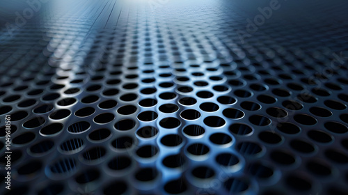 Deep blue metal surface with regular round holes,abstract metal grid background, 3d render illustration with depth of field,Out of focus and blurry speaker surface mesh,Close up of a metal grill