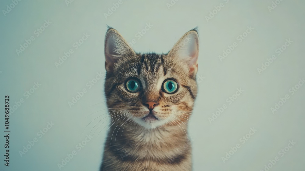 Obraz premium A shorthair cat looking directly at the camera with vibrant eyes, centered against a clean, light backdrop. Space available for text or marketing use.