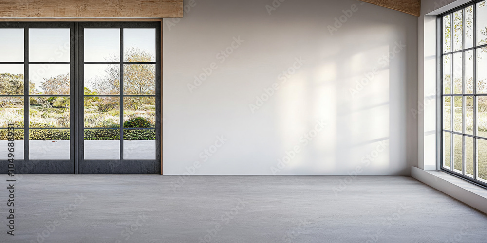Minimalist interior view of an empty room with large windows and garden access in daylight Minimalist interior view of an empty room with large windows and garden access in daylight