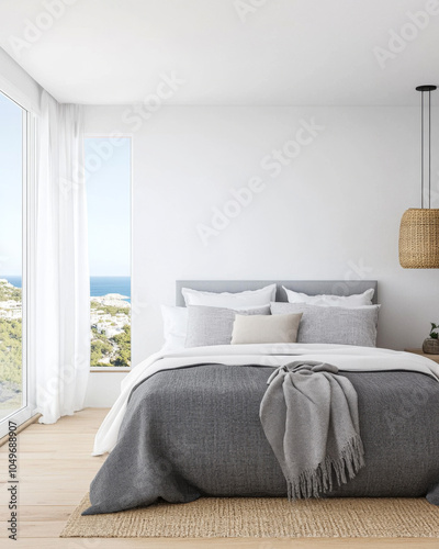 Modern coastal bedroom with stunning ocean view and natural light from large windows photo