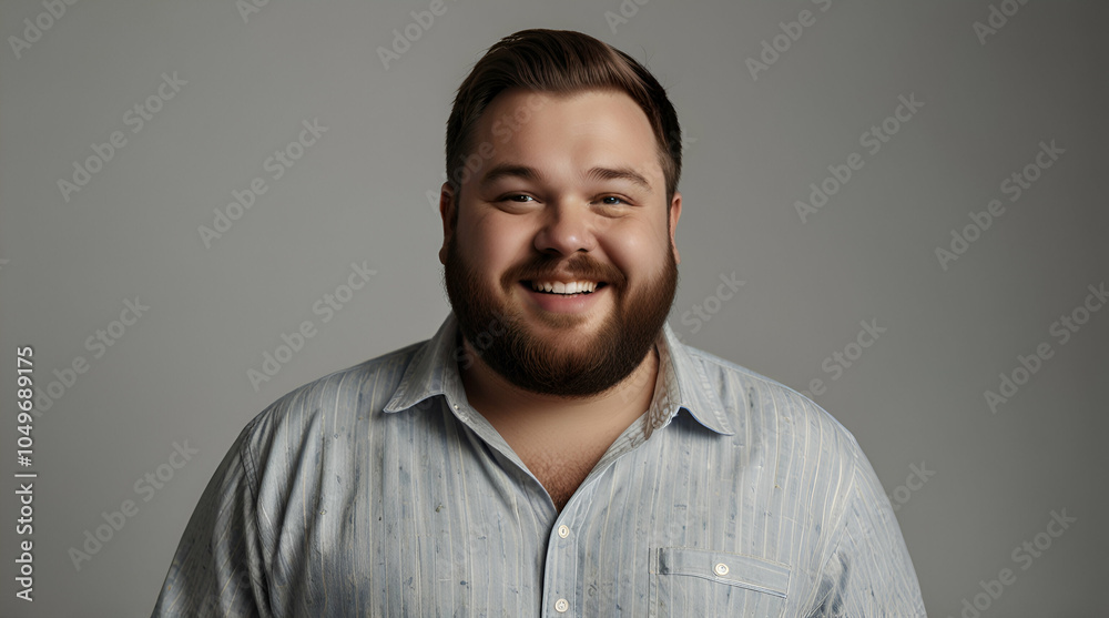 Happy fat man in casual wear and with beard stands on white background.generative.ai Happy fat man in casual wear and with beard stands on white background.generative.ai