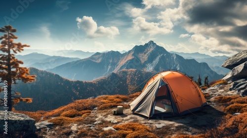 Serene Mountain Camping Scene at Sunset with Orange Tent